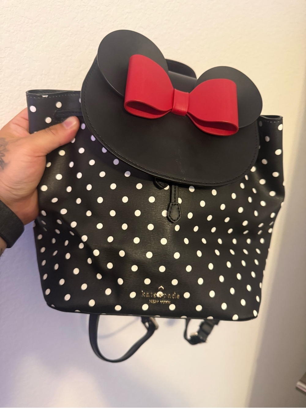 kate spade Kids Black White Polka Dot Backpack with Red Bow Ears
